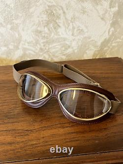 Aviator Motorcycle Goggles Brown Moleskin Leather Gold Frame Clear Lens Case Box