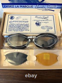 Aviator Motorcycle Goggles Gunmetal Plated Brown Foam Clear Lens Carry Case Box